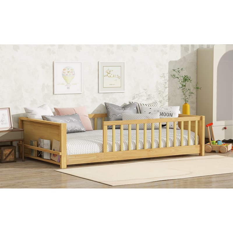 Roomfitters Twin Floor Platform Bed with Built-in Book Rack, Rubber Wood Frame, Low Profile Design with Guardrails