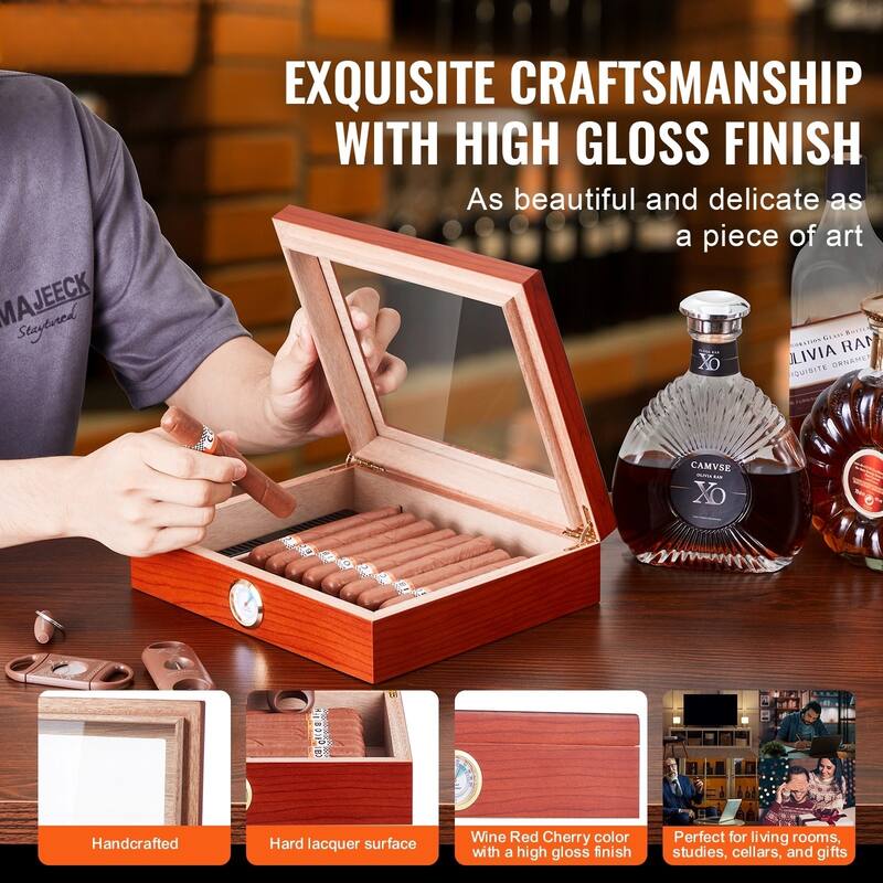 Cigar Humidor, Glass Top Cigar Humidor Box, Handmade Spanish Cedar Wood Cigar Desktop Box, Cigar Storage Case with Humidifier