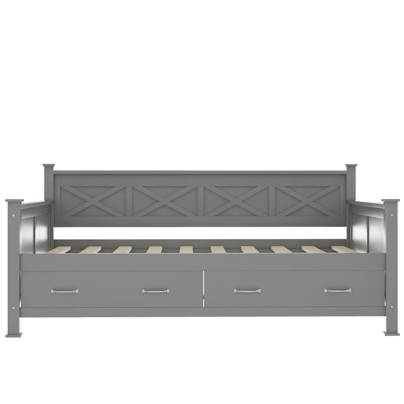 Rustic Twin Daybed with 2 Drawers, X-Frame Design, and Sturdy Wood Frame - Ideal for Modern and Rustic Spaces