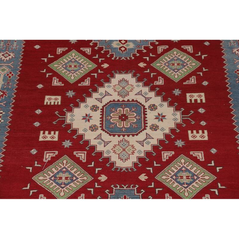 Red Geometric Kazak Oriental Large Area Rug Handmade Wool Carpet - 9'9" x 15'11"