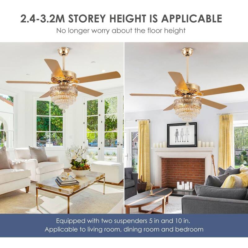 52 Inches AC Motor Crystal Ceiling Fan Fandelier with Lights,For Bedroom,Kitchen,Patio,Remote or Wall Control - 52 Inches