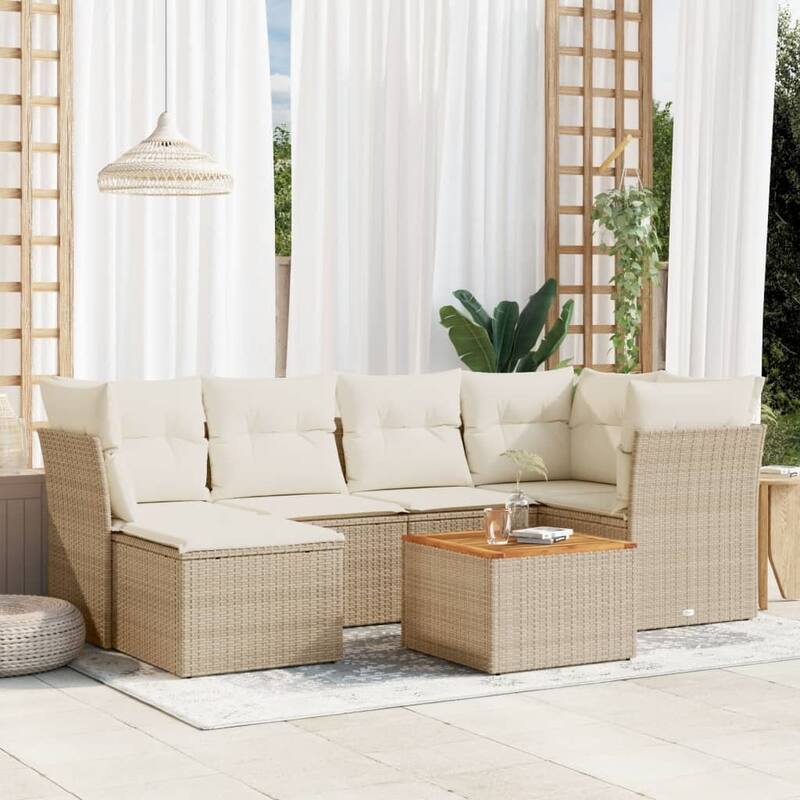 vidaXL Patio Sofa Set with Cushions Outdoor Furniture 7 Piece Poly Rattan - 24.4 x 24.4 x 27.2 - Beige and Cream