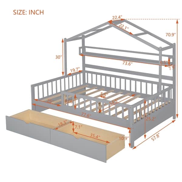 Full Size Wood House Bed Frame, Wooden Platform Daybed with Storage Shelf & 2 Drawers, for Teens Boys Girls Bedroom Dorm, Gray