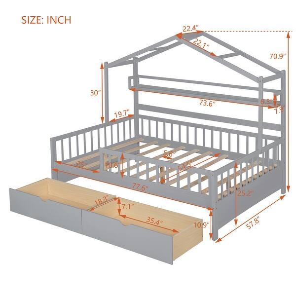 dimension image slide 1 of 2, Modern Wooden Full Size House Bed with 2 Drawers with Storage Shelf & Safety Guard Rails & Solid Wood Slats Support Kids Bed