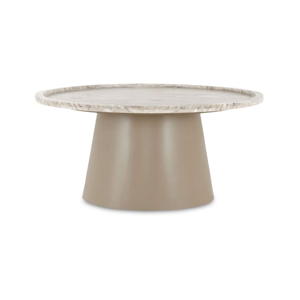 NADAAL STUDIOS Elunara Coffee Table, Round Antique White Marble Tray Top, Pedestal Iron Base, Compact Size, White