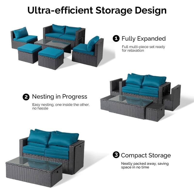 6-Piece All-Weather Wicker Conversation Sofa Set with Nesting Storage & Tea Table for Garden