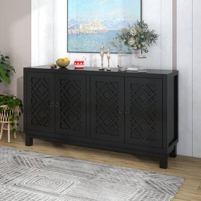 Large Storage Sideboard Cabinet with Pull-Ring Handles, Rubber Wood & MDF Construction