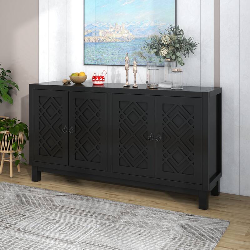 Large Storage Space Sideboard, 4 Door Buffet Cabinet with Pull Ring Handles