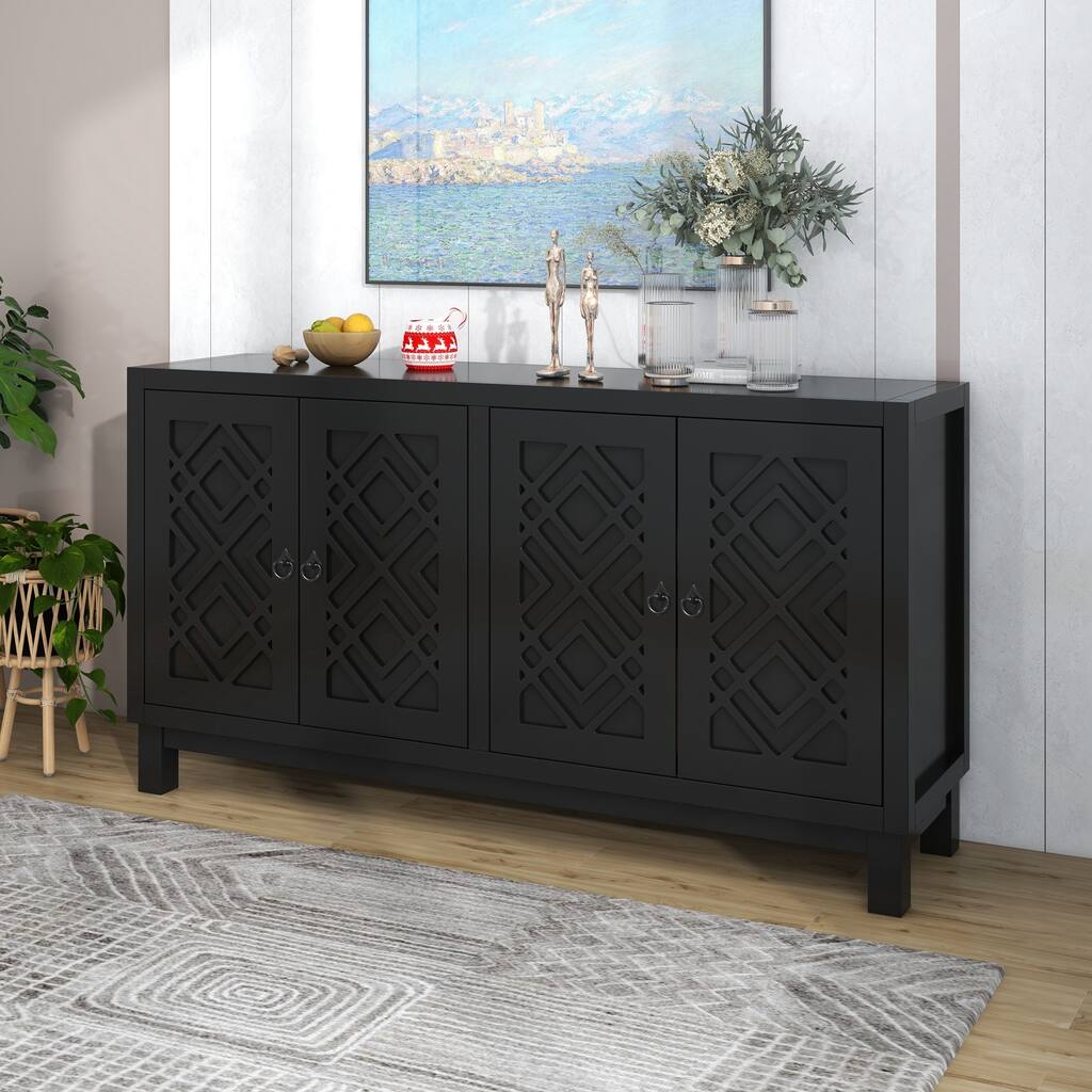 Modern MDF Storage Cabinet, Large Storage Space Sideboard, 4 Door Buffet Cabinet w/Pull Ring Handles, for Living Room, Entryway