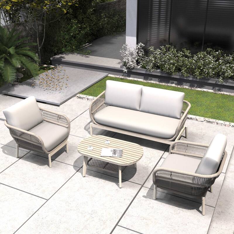 4-Piece Outdoor Acacia Wood Conversation Set with Oval Coffee Table - Wood