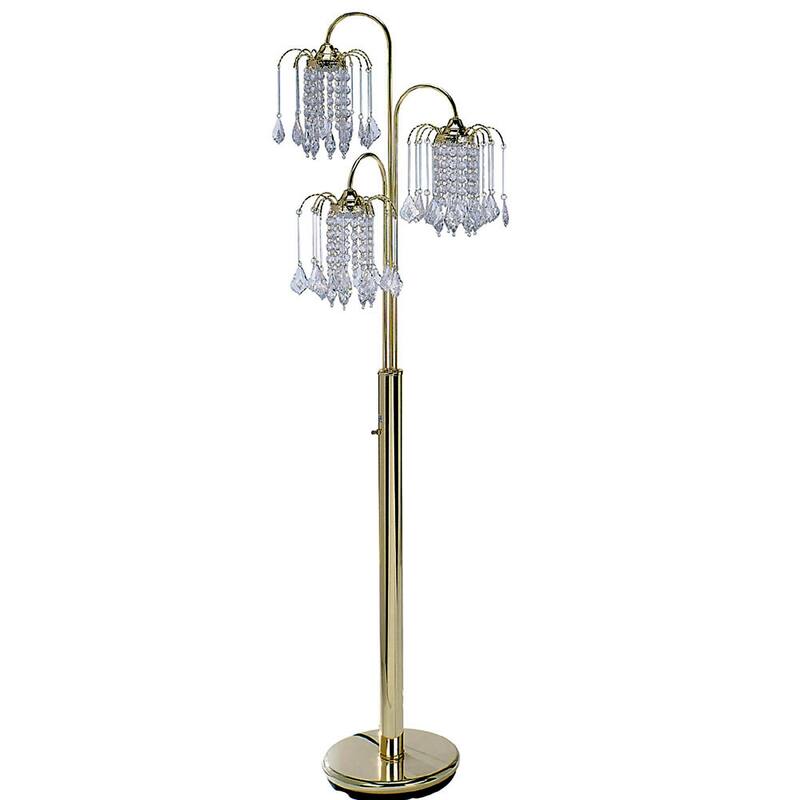 HomeRoots 63" Gold Three Lights Candelabra Floor Lamp With Clear Faux Crystal Shades - 66 X 19 X 19