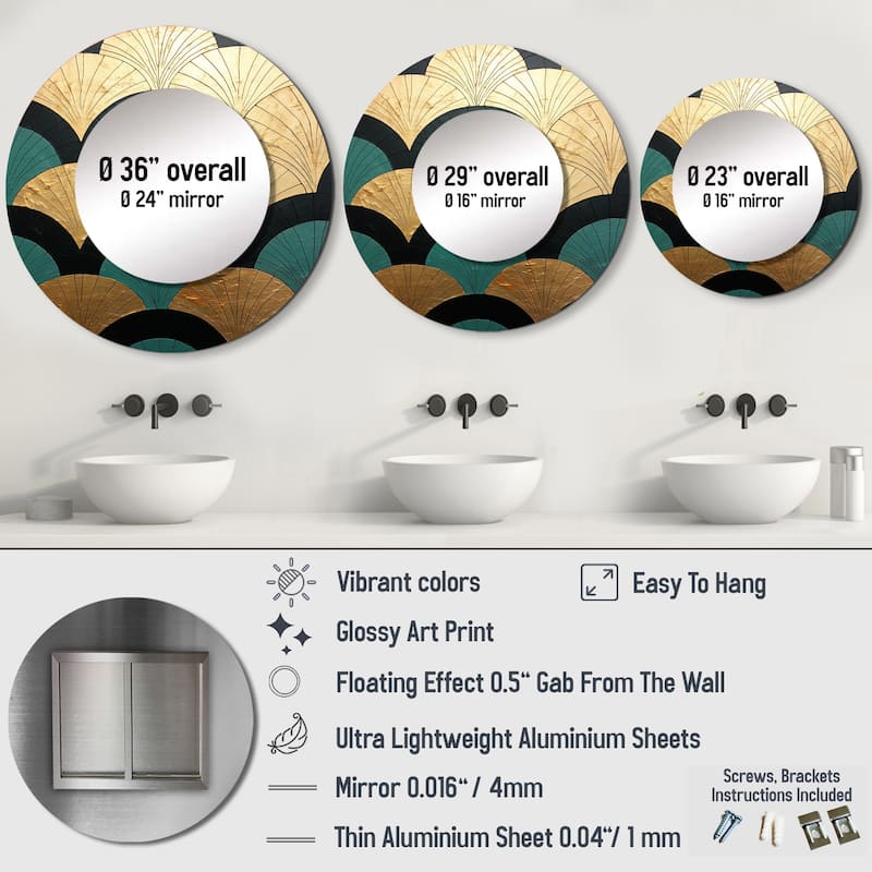 Designart "Emerald And Golden Arches" Abstract Shapes Living Room Mirror - gold Modern Large Round Mirror