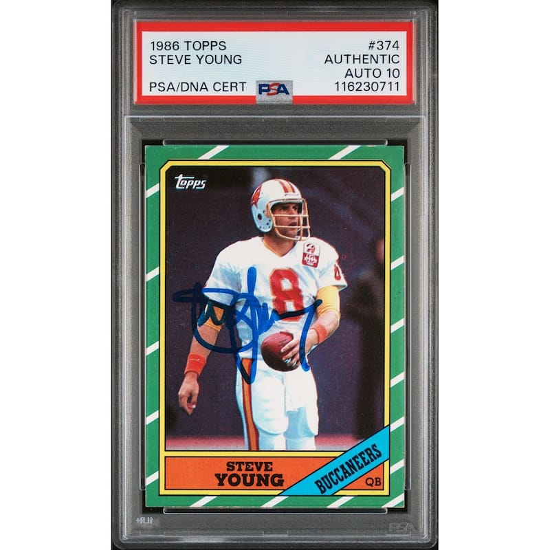 Steve Young 1986 Topps Signed Football Rookie Card #374 Auto Graded PSA 10 Cert # 1162307011 - 8' x 11'