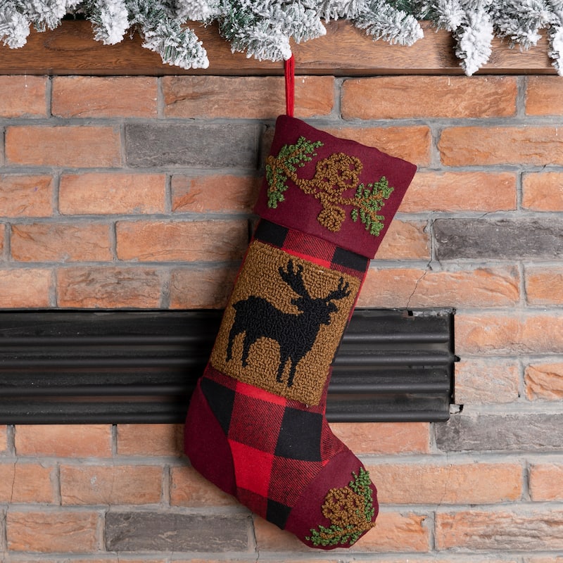 Glitzhome 19"L Plaid Hooked Stocking Reindeer Bear