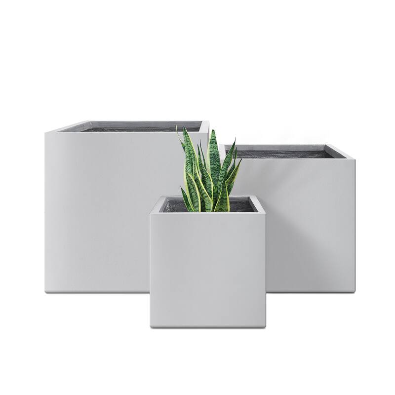 Plantara 16", 12" & 10" L Square Solid White Concrete Plant pot(Set of 3), Modern Planter, Outdoor Garden Flower pot for