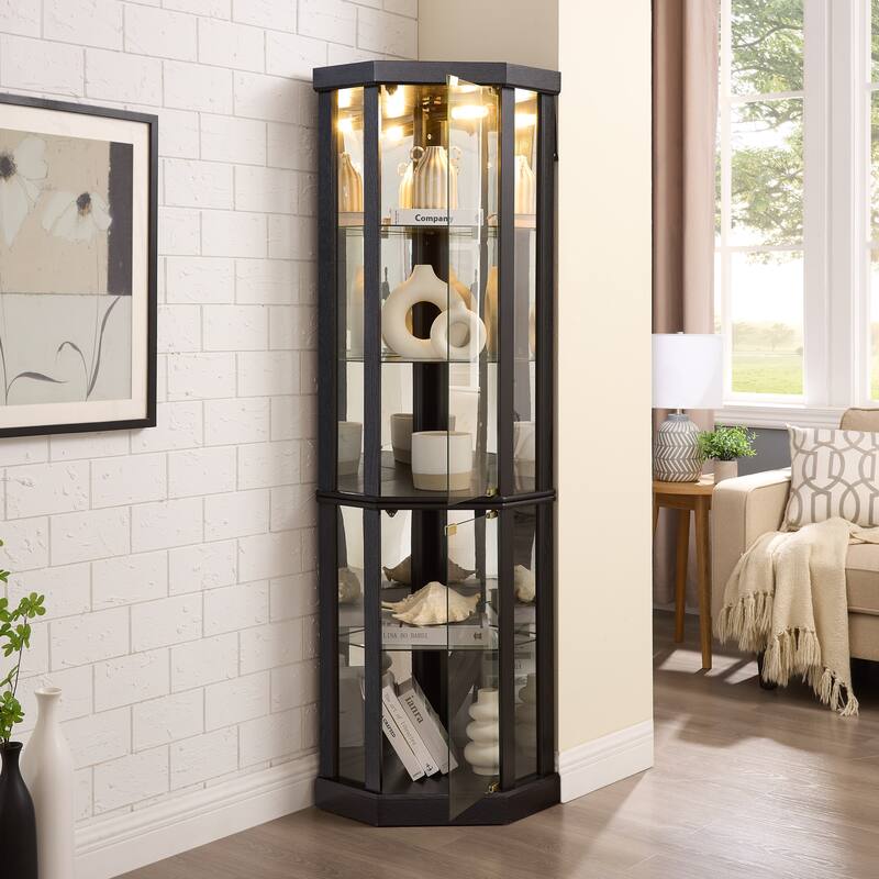 Lighted Corner Curio Cabinet - Elegant Glass Display Case for Living Room & Bar Storage - Includes Built-in Lighting - Black