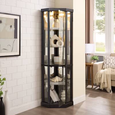 Lighted Corner Curio Cabinet - Elegant Glass Display Case for Living Room & Bar Storage - Includes Built-in Lighting