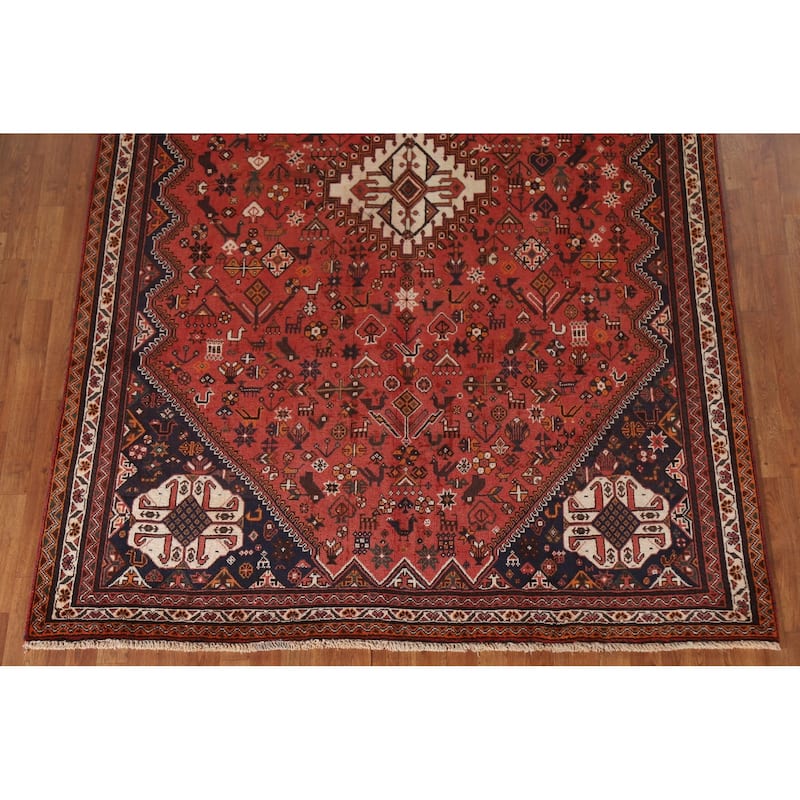 Tribal Red Shiraz Persian Vintage Area Rug Hand-Knotted Wool Carpet - 6'8"x 10'0"