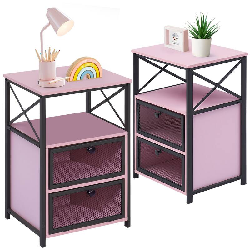 VECELO Modern End Table with 3-tier Storage Shelves, Nightstands with Charging Station(Nightstand Set of 2)