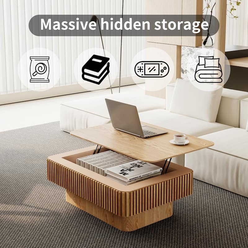 Modern Fluted Lift-top Coffee Table with Storage and Adjustable Height,for Living Spaces