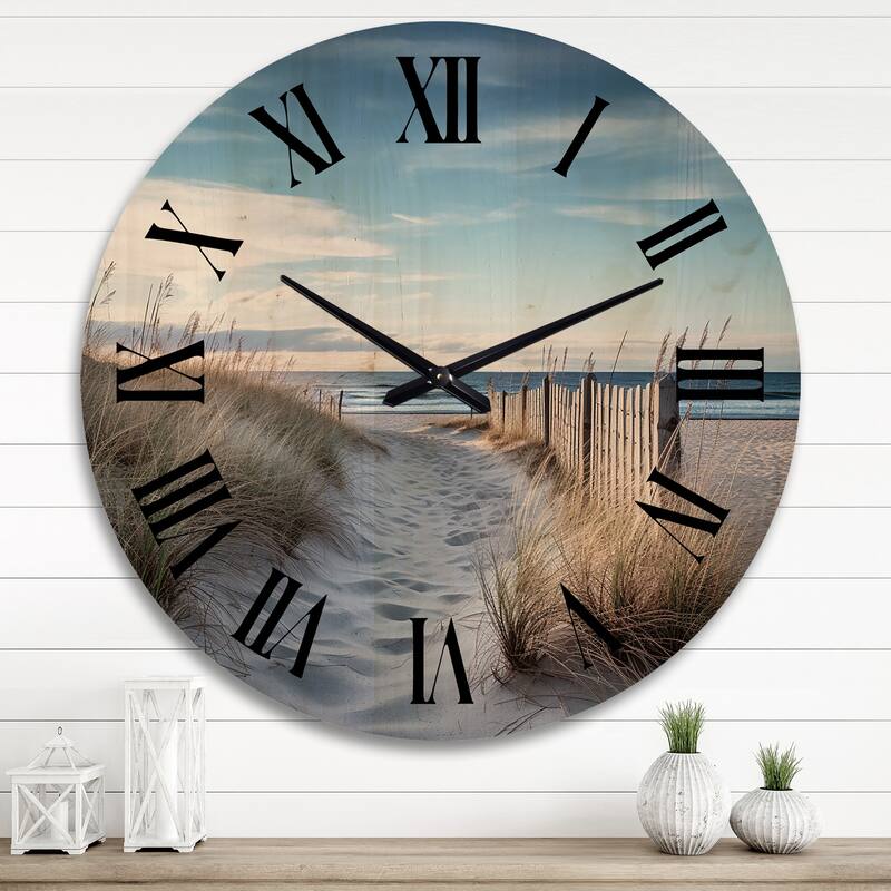 Designart "Path To The Beach II" Nautical & Beach Oversized Wood Wall Clock - 36 In. Wide x 36 In. High