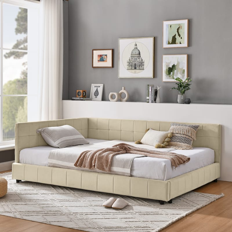 Full Size Upholstered Daybed L-Shaped Corner Bed Frame with Comfortable Backrest and Armrests for Bedroom
