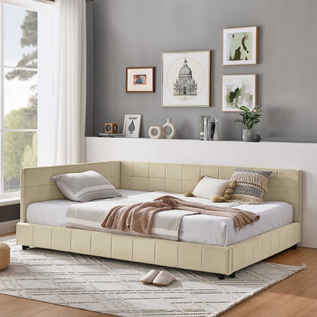 Full Size Upholstered Tufted Daybed with Backrest and Armrests, Velvet Fabric, Beige, Easy Assembly