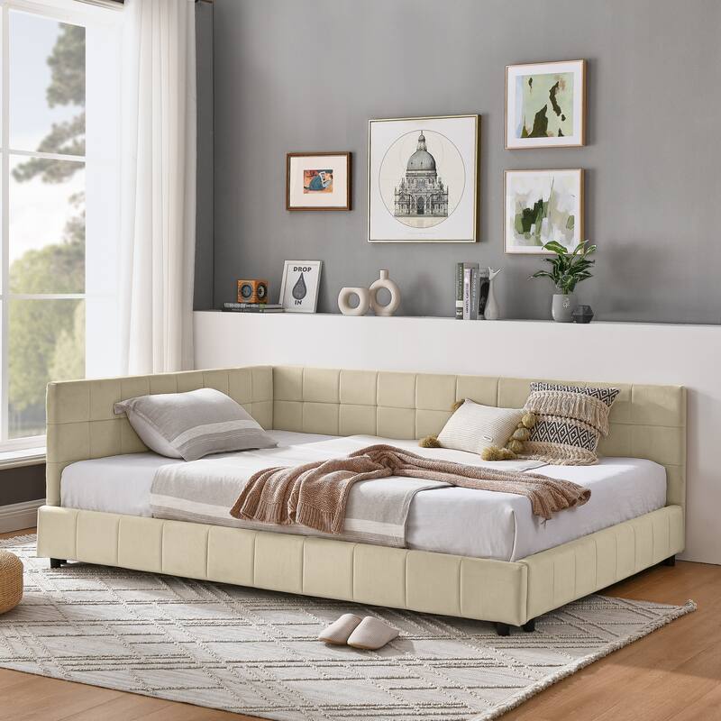 L-shaped Velvet Upholstered Daybed Tufted Sofa Bed with Soft Backrest Armrests - and Optional Corner Storage Day Bed