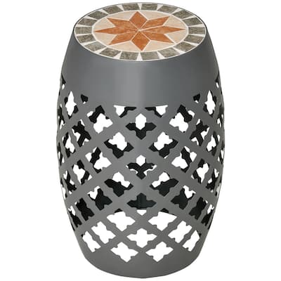 Grey Steel Ceramic Mosaic Garden Stool Multifunctional Outdoor Seat - 12.25" L x 12.25" W x 18" H
