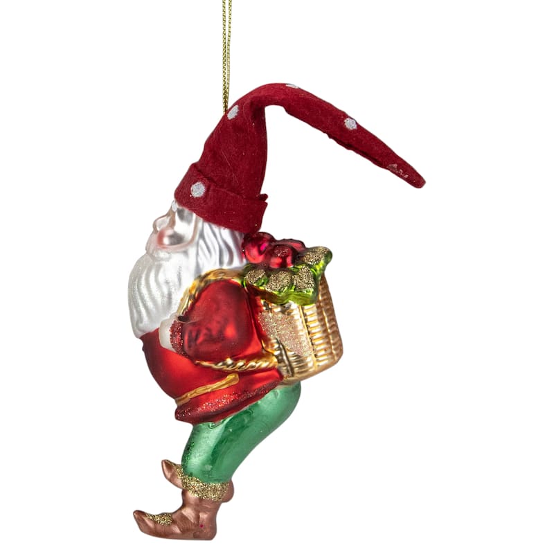 6" Gold Red Gnome with Lantern Flower Basket Glass Christmas Ornament