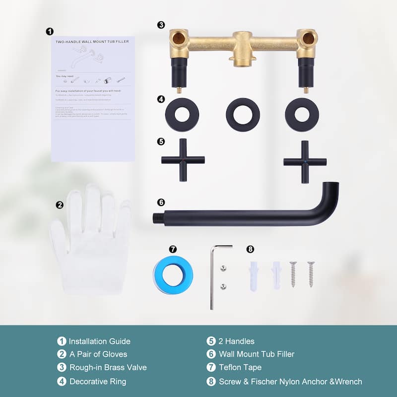 WOWOW Modern Cross-Style Dual-Handle Wall-Mounted Bathtub Faucet