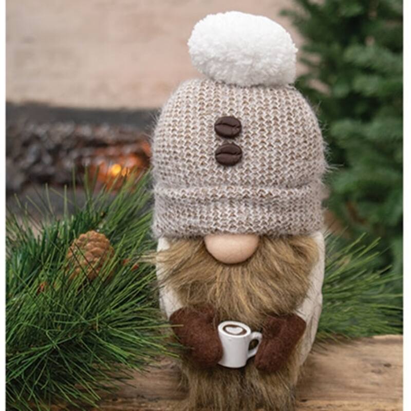 Standing Plush Coffee Gnome Decoration with Brown Beard and Beige Knit Hat for Home - 11" H x 4" W x 3.5" D