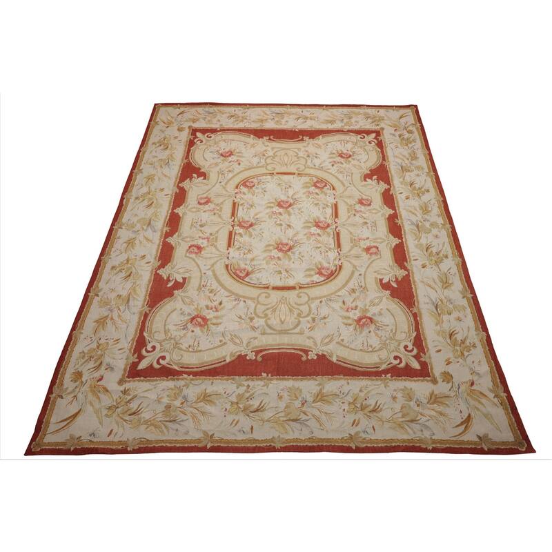 8x10'2'' Hand Woven Wool Ivory Aubusson Needlepoint Rare Floral Rug - 8' x 10' 2''