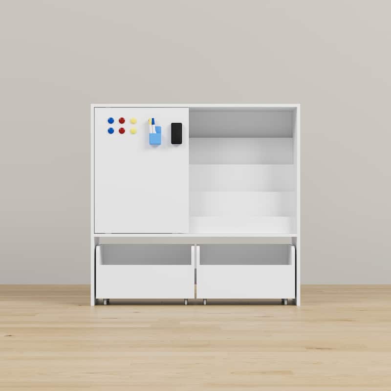 Kids Sliding Door Bookcase with 2 Large Rolling Toy Bins – 39.4" Wide White Children’s Bookshelf Organizer