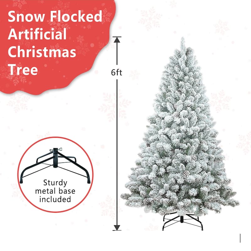 Flocked Artificial Christmas Tree - Snowy PVC Branches, Pine Cones, Metal Stand, Full Shape - Green,White