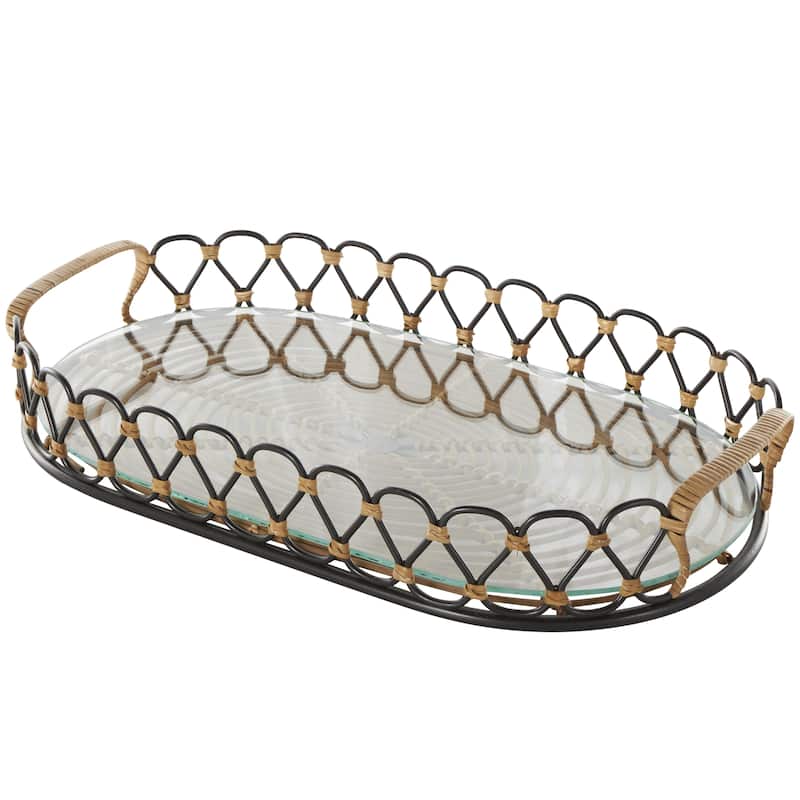 Metal Circular Woven Living Room Decor Tray with Glass Base - Black - Roche River Decor - Black - 22"W, 4"H