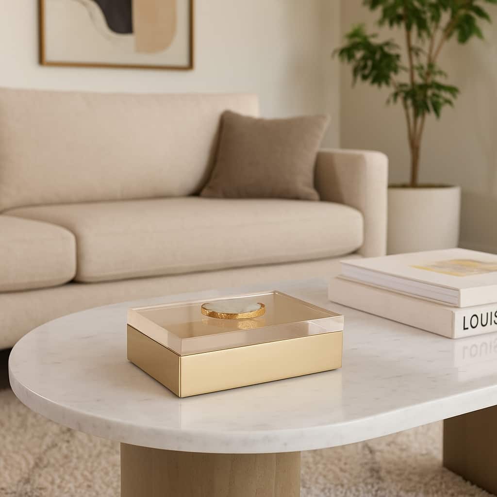 Decorative Box with Lid & Agate Stone Knob - 7", Gold & White - 7.0"