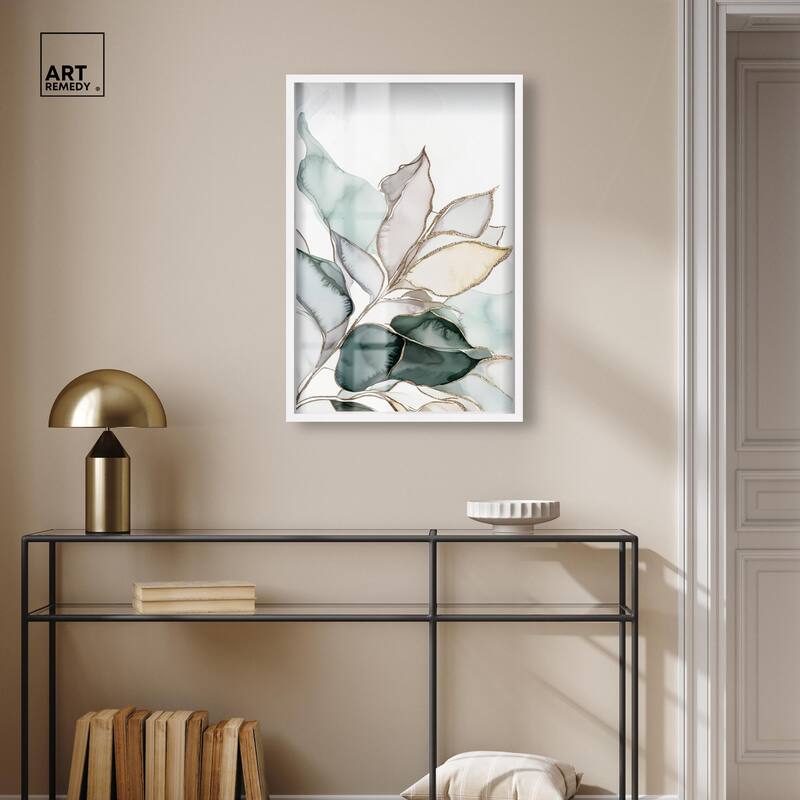 Pastel Leaves with Gold I Shadowbox by Art Remedy