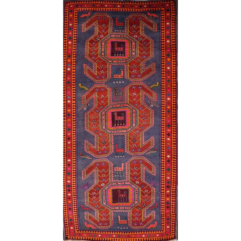 Hand Knotted Oriental 100% Wool Carpet Traditional Tribal Navy Blue & Blues Meshkin Area Rug - 10' 1'' X 4' 7''