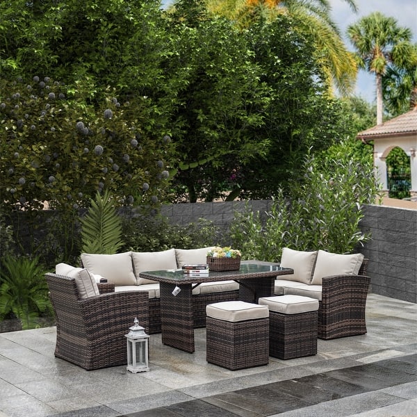 slide 2 of 18, 7-piece Patio Outdoor Wicker Sectional Sofa Set with Storage Box and Ottoman
