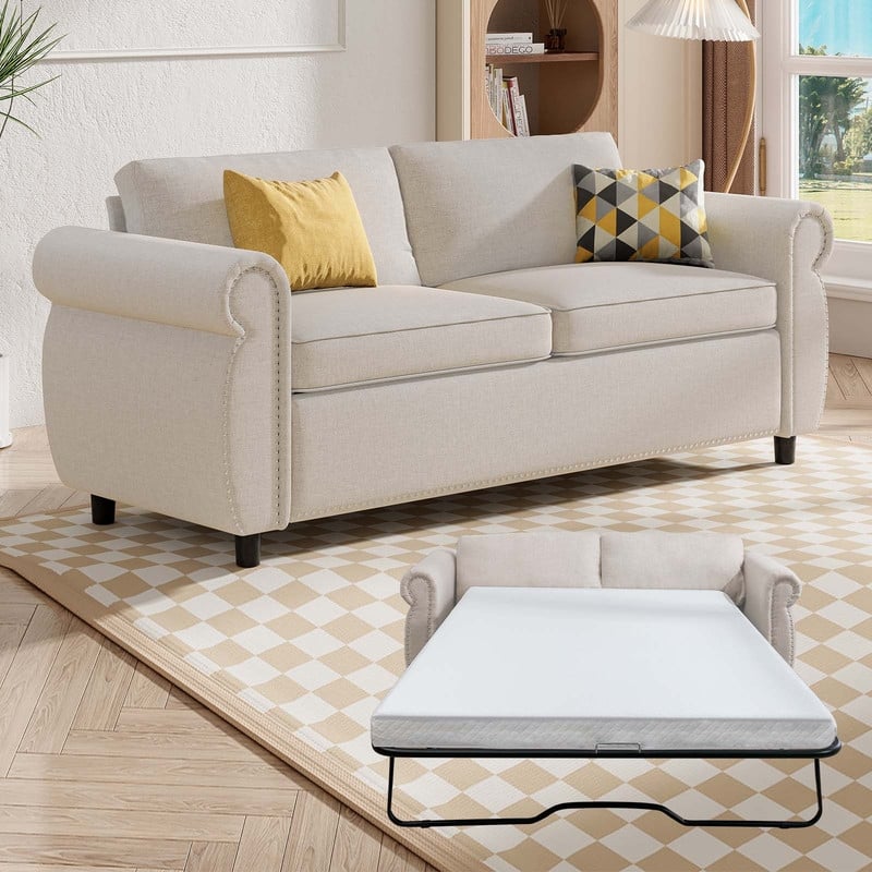 Mixoy Full/Queen Size Pull Out 2 in 1 Sleeper Sofa Bed with Mattress,Convertible Upholstered Loveseat with Nailhead
