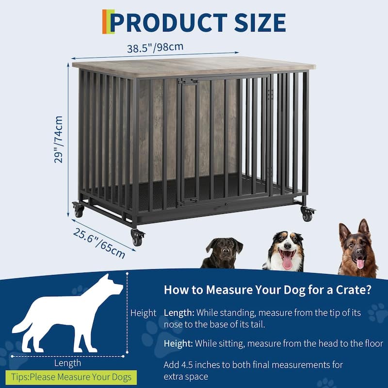 Dog Crate Furniture, 39 Inch Rolling Indoor Dog Crate with Potty Tray