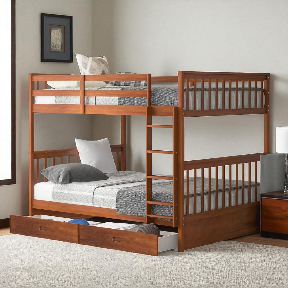 Full Over Full Bunk Bed with Ladder and 2 Storage Drawers, Convertible Wood Frame for Kids or Teens