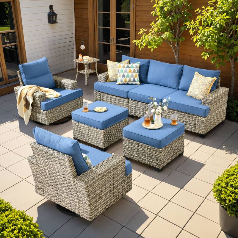OVIOS 8-Piece T Shaped Seat Swivel Chair Patio Conversation Set - Diamond Blue