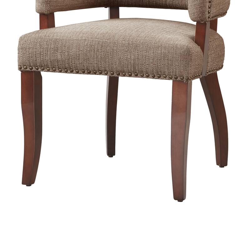 Roomfitters Arm Dining Chair, Faux-Textured Brown Upholstery with Brass Nailhead Trim and Espresso Birch Legs
