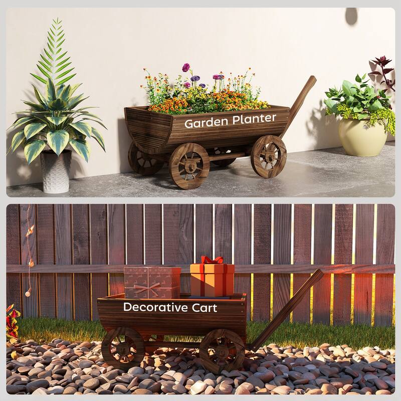 Outsunny Wooden Wagon Planter Box, Mobile Garden Planter with 4 Wheels and Handle, Small Wheelbarrow Wagon Flower Cart