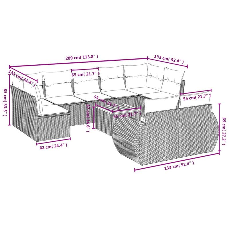 vidaXL Patio Sofa Set with Cushions Outdoor Furniture 10 Piece Poly Rattan - 24.4x 24.4x 27.2