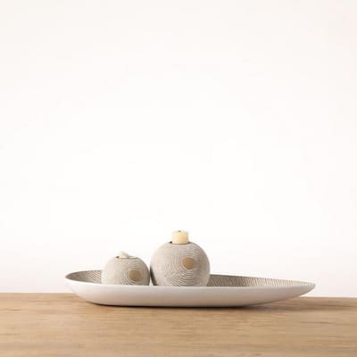 3pc Tan Striped Polyresin Candle Holder and Tray Set