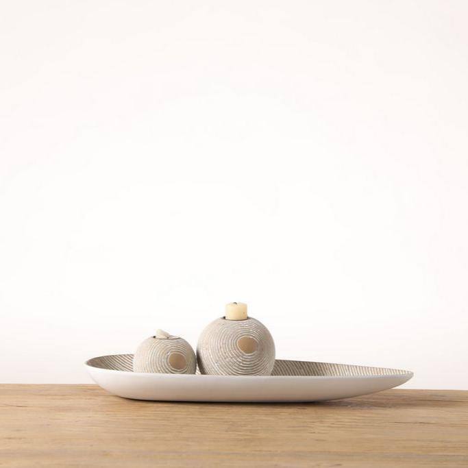 3pc Tan Striped Polyresin Candle Holder and Tray Set
