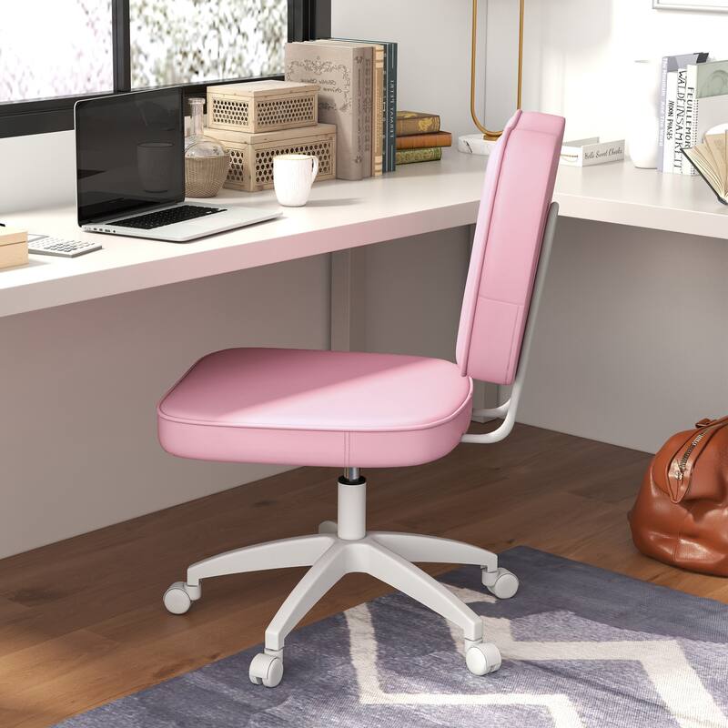 Cute Armless Office Chair, Leather Computer Desk Chair with Wheels, Vanity Task Chair with Adjustable Height - Pink